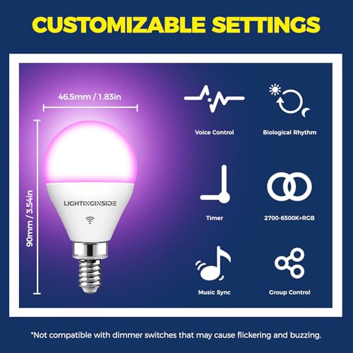 Lightinginside E12 Smart Light Bulbs 50W Equiv., G16.5 RGBCW Candelabra Chandelier Ceiling Fan Smart Bulb Works with Alexa/Google Home/Smart Life, 5W 550LM, 2.4G WiFi Bluetooth Bulb, ETL Listed, 4PCS - Image 6