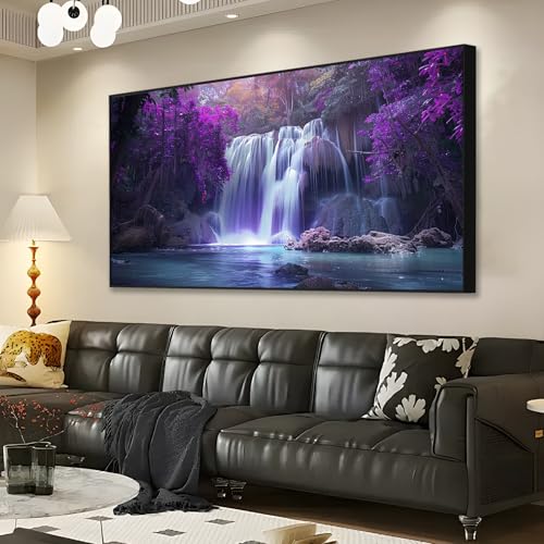 Waterfall Canvas Wall Art, Purple Tree Canvas Wall Art, Purple Landscape Painting, Purple Canvas Wall Art, Waterfall Pictures Wall Art, Nature Living Room Wall Decor, Office Decor (Gold Metal Frame, 69"x39" | 174x98cm) - Image 3
