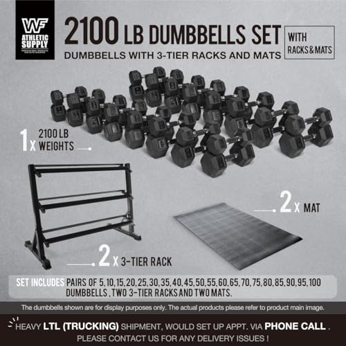 WF Athletic Supply 5-100LB Rubber Encased Hex Dumbbells with Rubber Grip Contoured Handle for Muscle Toning, Strength Building & Full Body Workout, Weight Set with Rack and Mat - Image 2