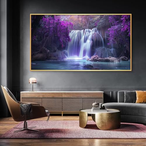 Waterfall Canvas Wall Art, Purple Tree Canvas Wall Art, Purple Landscape Painting, Purple Canvas Wall Art, Waterfall Pictures Wall Art, Nature Living Room Wall Decor, Office Decor (Gold Metal Frame, 69"x39" | 174x98cm) - Image 2