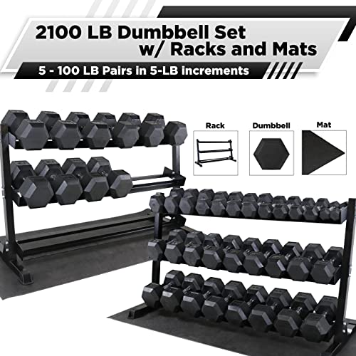 WF Athletic Supply Rubber Coated Hex Dumbbell Set, Multiple Choices Available - Dumbbells with Rack Stand and Mat, or Dumbbells Only (200/550/1200/2100/3000 LB) - Image 2