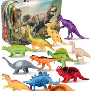 PLAYVIBE Dinosaur Toys – 12 Realistic 7-Inch Models, Multi-Color, Metal Storage Box – Dinosaur Figures & Action Figures for Kids Ages 3-7
