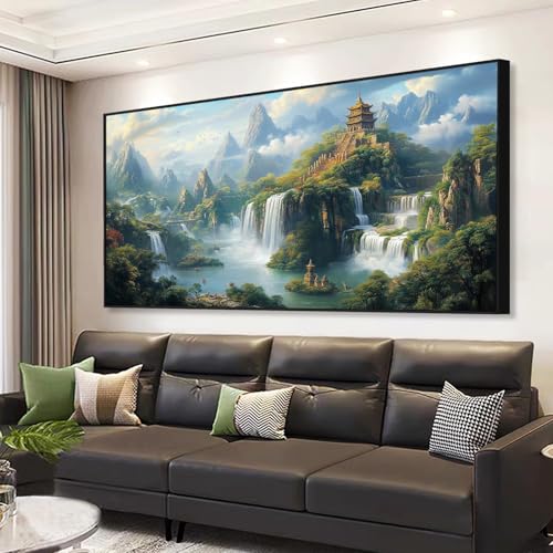 Fantasy Waterfall Canvas Wall Art, Japanese Temple Canvas Wall Art, Buddhist Architecture Art, Mountain Landscape Canvas Wall Art, Asian Mythology Wall Art, Living Room Wall Decor (Gold Framed, 71"x35" | 180x90cm) - Image 3