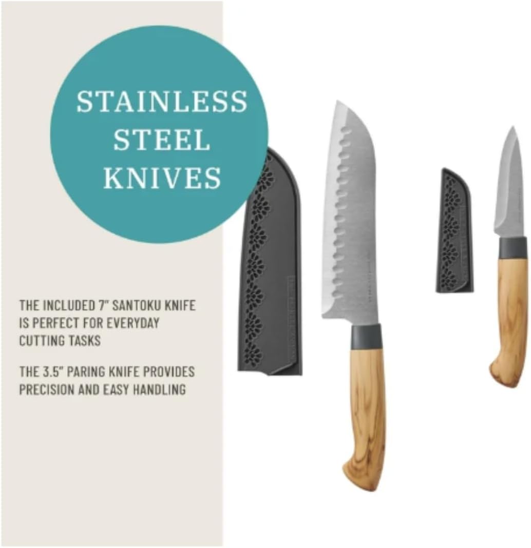 Pioneer Woman 32-Piece Cookware & Kitchen Utensil Set, Ceramic Nonstick Pots & Pans, Bakeware, Acacia Wood Tools, Knives & Measuring Set (Brown) - Image 3