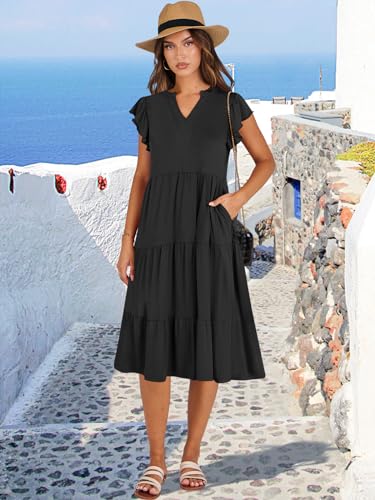 ANRABESS Womens Summer Dress Ruffle Sleeve V Neck Midi Dresses Fashion Casual Fit Flowy Tiered Boho Beach Vacation Sundress Black-L - Image 2