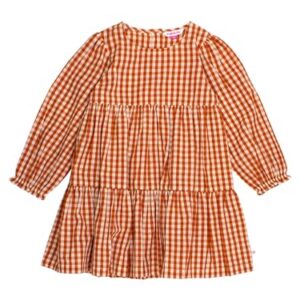 RuffleButts Baby/Toddler Girls Woven Long Sleeve Tiered Twirl Dress – Classic Rust Gingham, 4T
