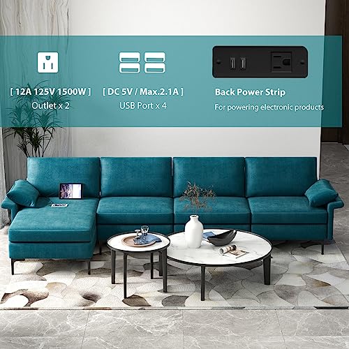 OUDINI Modern L Shape Lounge, Modern 4 Seat, Sectional Couches, Living Room Furniture Sets, W/Reversible Chaise & 4 USB Ports (Blue - Image 6