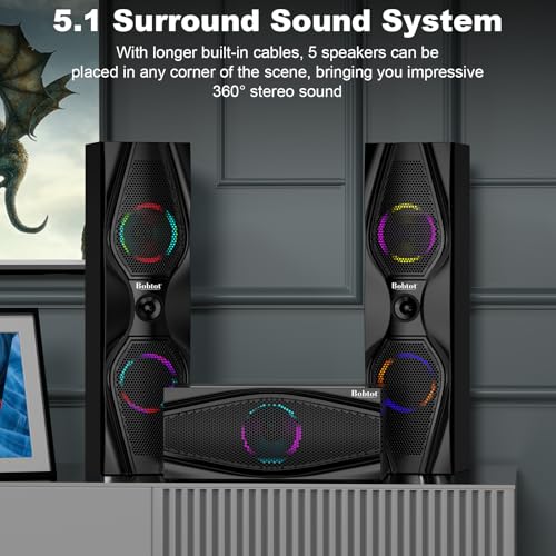 Bobtot Surround Sound Systems Home Theater System - 1200 Watts Peak Power 10" Subwoofer 5.1/2.1 Wired Audio Stereo Speakers Strong Bass with ARC Optical AUX Bluetooth Input - Image 5