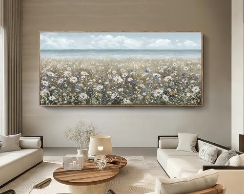 Extra Large Framed Wall Art Blue Seaside And White Flower Wall Decor Farmhouse Art Work Natural Scenery Prints Modern Landscape Picture For Living Room Bedroom Office Hallway 86"x39" - Image 2