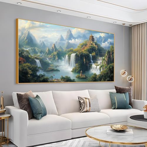 Fantasy Waterfall Canvas Wall Art, Japanese Temple Canvas Wall Art, Buddhist Architecture Art, Mountain Landscape Canvas Wall Art, Asian Mythology Wall Art, Living Room Wall Decor (Gold Framed, 71"x35" | 180x90cm) - Image 2