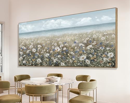 Extra Large Framed Wall Art Blue Seaside And White Flower Wall Decor Farmhouse Art Work Natural Scenery Prints Modern Landscape Picture For Living Room Bedroom Office Hallway 86"x39" - Image 5