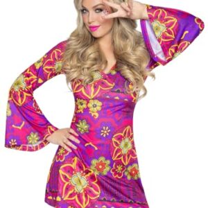 Leg Avenue womens – 2 Piece Hippy Girl Dress Set Flower Bell Sleeved Dress With Matching Headband for Women Adult Sized Costumes, Multi, Medium Large US