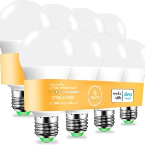 MELPO Alexa Light Bulb 130W Equivalent, Smart Light Bulbs Warm White to Daylight Tunable, A19 E26 Bluetooth LED Bulbs Controlled by BRmesh APP and Alexa only, Timing, Flicker-Free（8 Pack (8)