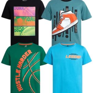 Pro Athlete Boys Athletic Shirts – 4 Pack Soft Cotton Blend Active Performance Crew Neck Short Sleeve Graphic Tees, Size 10-12, Green/Turquoise/Teal/Black