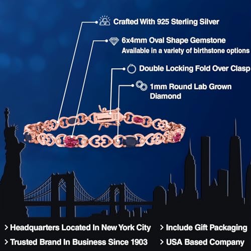 Gemstone Birthstone and Blue Sapphire Heart Link Tennis Bracelet for Women | 18K Rose Gold Plated Silver | Oval 6X4MM | 7.25 Inch Length | Double Locking Fold Over Clasp | Jewelry for Her Mom Wife - Image 2