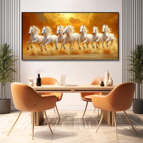 7 Running White Horses Canvas Wall Art, Horse Pictures Wall Decor, Horse Canvas Wall Art Large, Horse Themed Wall Decor (Gold Metal Framed, 70"x 35"| 180x90cm) - Image 3