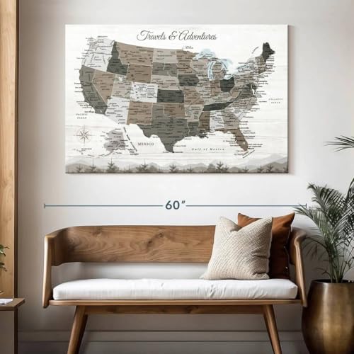 ElephantStock - Travels And Adventures II Push Pin Usa Map Wall Art - Horizontal Canvas Wall Art - Living Room Wall Decor - Digital Art Map Canvas Art - White And Gray Decor - 51" x 34" - Image 3