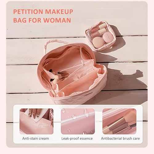 Petition Makeup Bag for Woman,2026 New Wide Open Lay-Flat Water-Resistant Cosmetic Case,PortableTravel Makeup Bag For Woman,for Toiletries & Brushes Large Capacity with Compartments (Beige) - Image 3