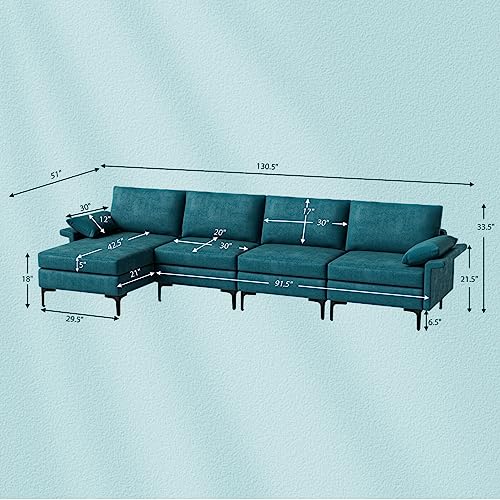 OUDINI Modern L Shape Lounge, Modern 4 Seat, Sectional Couches, Living Room Furniture Sets, W/Reversible Chaise & 4 USB Ports (Blue - Image 3