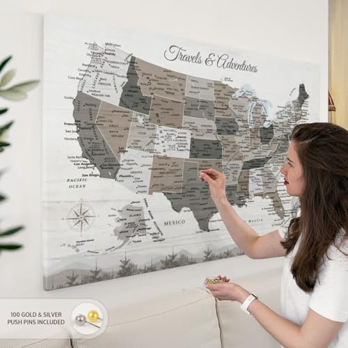 ElephantStock - Travels And Adventures II Push Pin Usa Map Wall Art - Horizontal Canvas Wall Art - Living Room Wall Decor - Digital Art Map Canvas Art - White And Gray Decor - 51" x 34" - Image 5