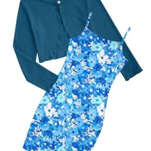 Dresses for Girls and Long Sleeve Button Cardigan for Girl Size 8-10 Flower Print Sleeveless Cute Cami Dresses 2 Piece Fall Outfits Blue Size 8-10