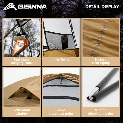 BISINNA Backpacking Tent 2 Person Lightweight Camping Tent Waterproof 3 Season with Aluminum Pole for Outdoor Mountaineering Hiking Travel (Brown) - Image 7