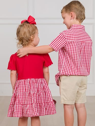 RuffleButts Baby/Toddler Girls Mixed Media Short Sleeve Tiered Dress - Classic Red Gingham, 5 - Image 7