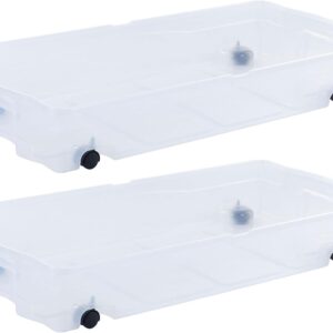 Rubbermaid 70 Quart Under the Bed Low Profile Storage Boxes with Dual Hinged Lids and Easy Rolling Caster Wheels, Clear, 2 Pack