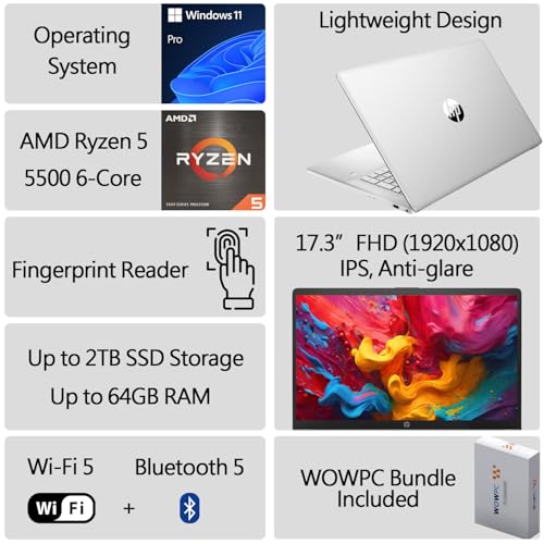 HP 2024 New 17 inch Laptop, AMD Ryzen 5 5500U 6-Cores Processor(Beat i7-1250U), 17" FHD (1080p) IPS Display, 64GB RAM, 2TB SSD, Fingerprint Reader, Windows 11 Pro, w/WOWPC Recovery USB - Image 2