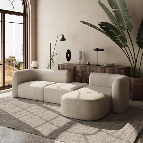 Acanva Luxury Modern Tight Curved Back Velvet Sofa, Minimalist Style Comfy Couch for Living Room Apartment, 4 Seater Modular Sectional, Cream - Image 3
