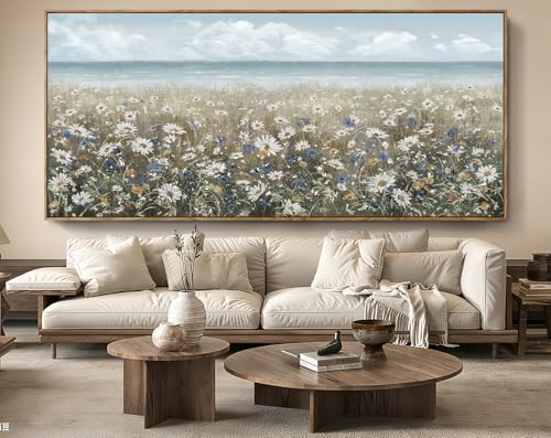 Extra Large Framed Wall Art Blue Seaside And White Flower Wall Decor Farmhouse Art Work Natural Scenery Prints Modern Landscape Picture For Living Room Bedroom Office Hallway 86"x39" - Image 8