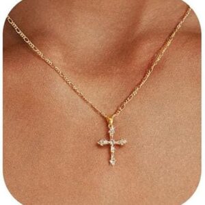 Cross Necklace for Women,Double Cross Necklace 14K Gold Plated Cross Pendant Necklace Dainty Gold Cross Necklaces for Women Trendy Small Cross Charm Necklace Simple Cute Choker Necklaces Gold Jewery