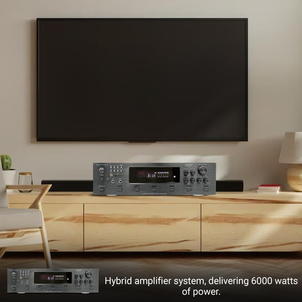 Home Stereo System Kit - 6 Channel 6000 Watts Bluetooth Amplifier w/ 6 Qty of 8” Framed Ceiling Speakers 300 W Each, 300 ft Speaker Wire & Remote for Living Room, Office, Bar by Technical Pro - Image 9