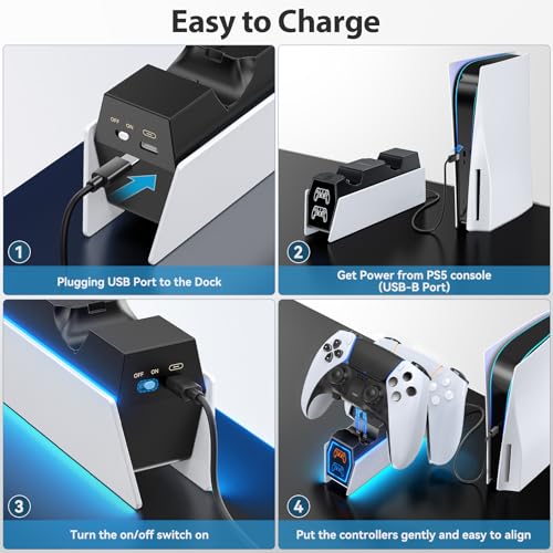 PS 5 Controller Charger Station Compatible with PlayStation 5 Faceplates Edge & Dual Controller, 9 Lightings PS 5 Accessories Charging Station, PS 5 Dock Stand with LED Indicator & On-Off Switch - Image 7