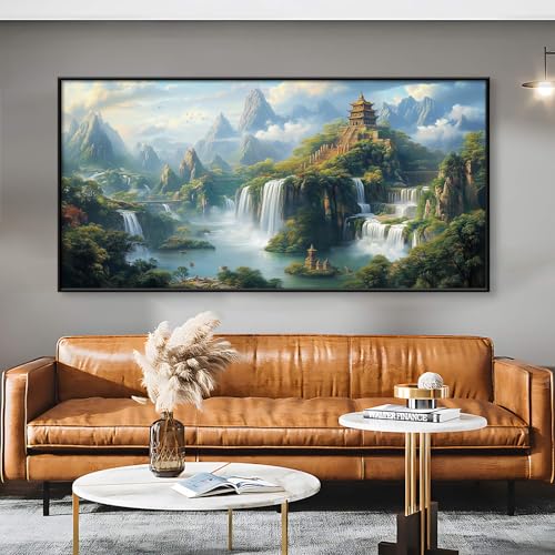 Fantasy Waterfall Canvas Wall Art, Japanese Temple Canvas Wall Art, Buddhist Architecture Art, Mountain Landscape Canvas Wall Art, Asian Mythology Wall Art, Living Room Wall Decor (Gold Framed, 71"x35" | 180x90cm) - Image 7