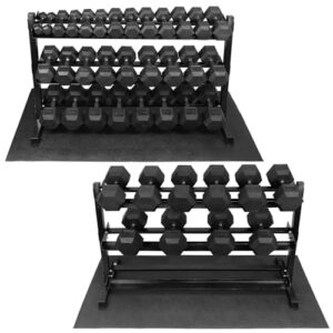 WF Athletic Supply 5-100LB Rubber Encased Hex Dumbbells with Rubber Grip Contoured Handle for Muscle Toning, Strength Building & Full Body Workout, Weight Set with Rack and Mat