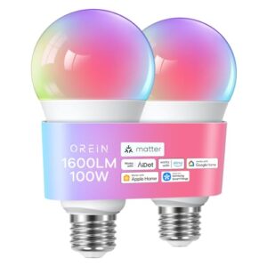 OREiN Matter Smart Light Bulb, 1600 Lumens 100W Equivalent Smart Light Bulbs, Color Changing Light Bulbs Work with Apple Home, Alexa, Google Home, SmartThings, A21 Smart Bulbs 2.4Ghz WiFi, 2Pack