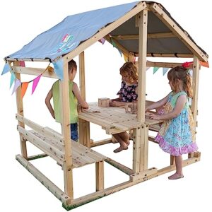 Outdoor Playhouse – Funphix Kids Klubhouse Wooden Playhouse with Table & Benches – Multifunctional Toy for Fun Play & Learning – Durable & Easy to Assemble Backyard Playground Set
