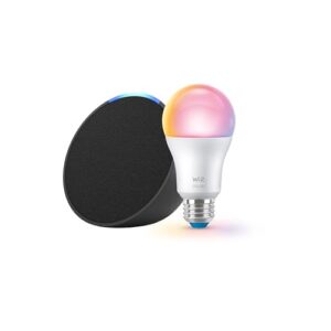 Echo Pop (newest model) with WiZ 60W A19 LED Smart Color Bulb – Connects to Your Wi-Fi – E26 Base – Control with Voice or App – Matter Compatible