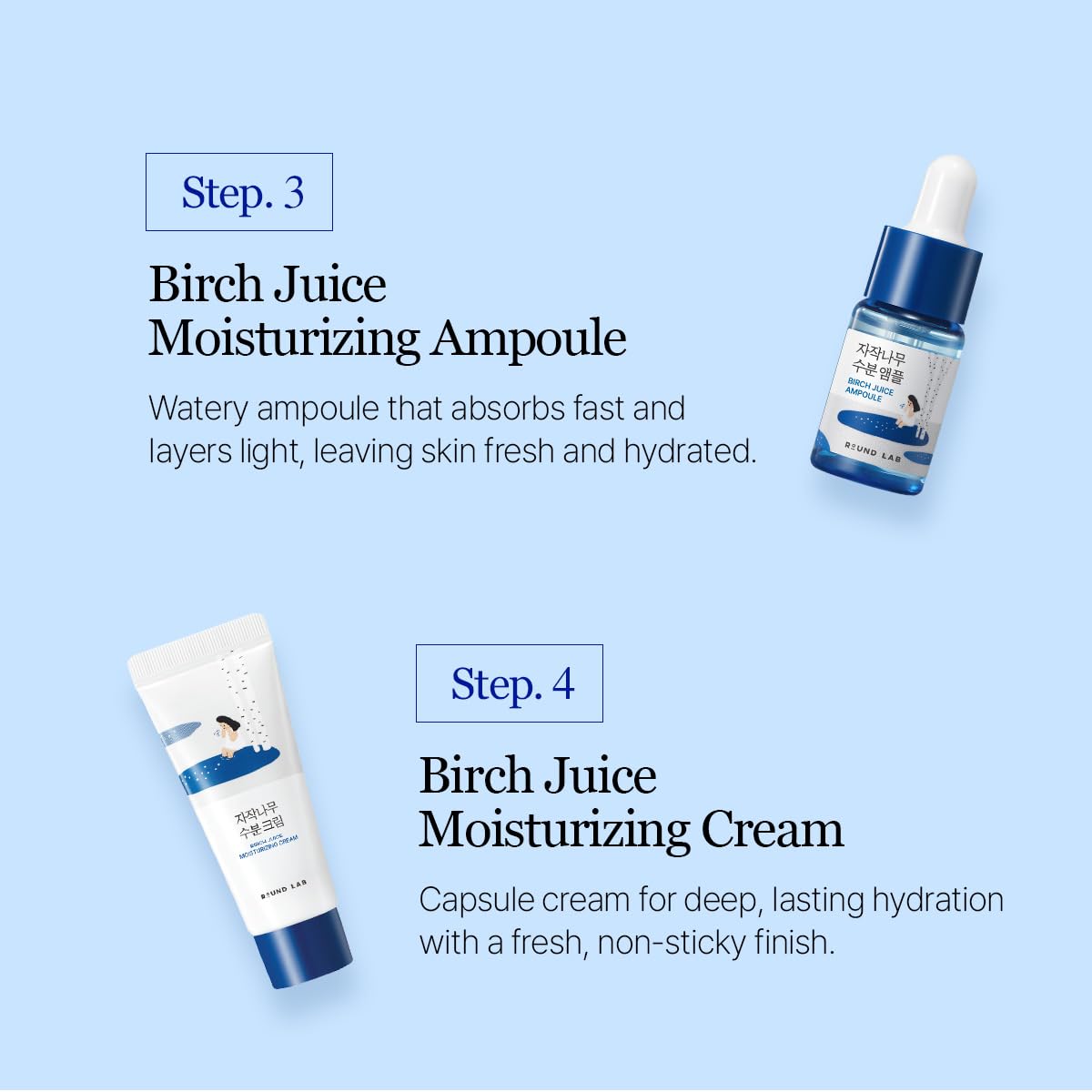 ROUND LAB Birch Juice Moisturizing Mini Kit, 4-Step Travel Size Skincare Set (Cleanser, Toner, Serum, Cream), Daily Skin Care Routine Trial Kit for Acne-Prone and Sensitive Skin, Korean Skin Care - Image 5