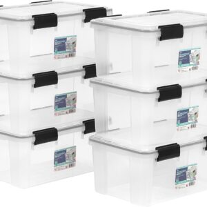 IRIS USA WeatherPro 19 Qt Storage Bins with Lids, 6 Pack, BPA-Free Plastic Gasket Box with Tight Latch and Seal, Stackable Nestable Tote Tub – Clear/Black