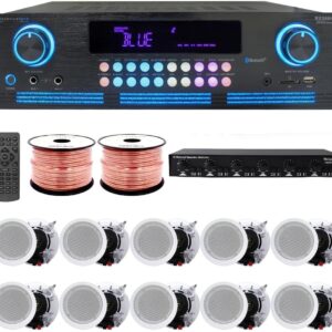 Home Audio System Kit – 2000 W Bluetooth Amplifier w/ 10 Qty of 5.25″ Framed Ceiling Speakers 175 W Each, 6-Ch Speaker Selector w/Volume Control, 500 ft Speaker Wire & Remote – Vaiyer
