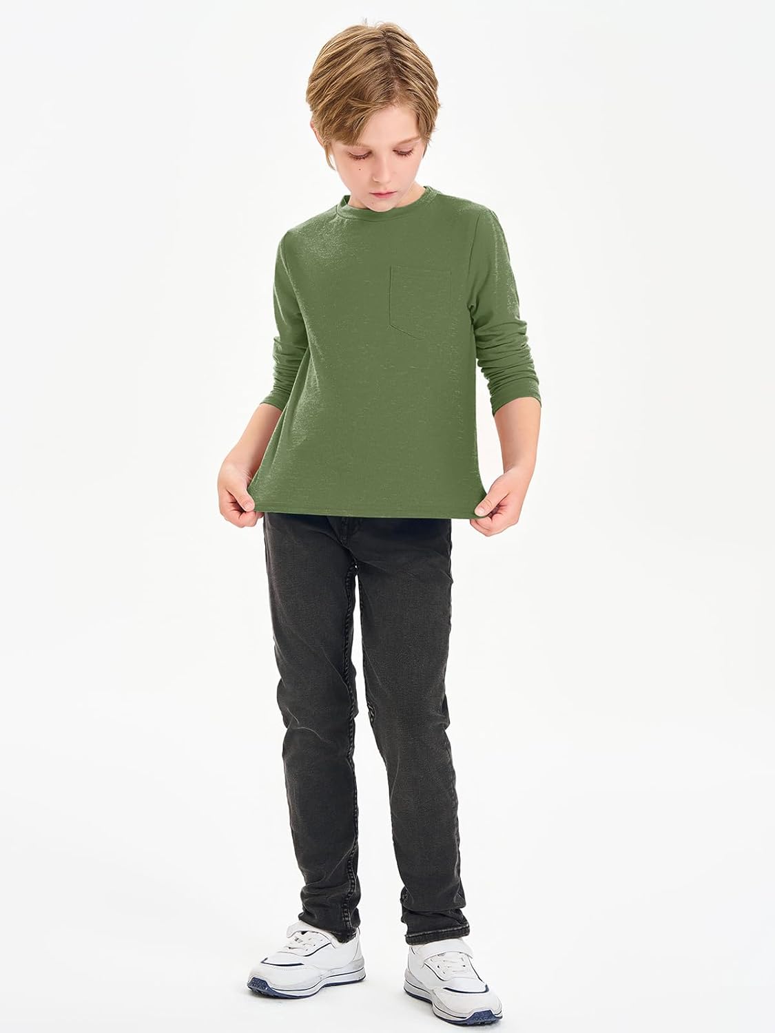 Haloumoning Boys Long Sleeve Shirts Kids Crewneck T Shirts Casual Tops Tees with Chest Pocket 5-14 Years - Image 4