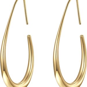 Lightweight Teardrop Hoop Earrings for Women – 14k Gold/White Gold Plated Large Oval Pull Through Hoop Earrings High Polished Statement Jewelry Gift for Women