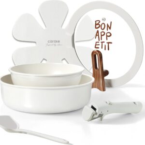 CAROTE Ceramic Pots and Pans Set Non Stick, Nonstick Kitchen Cookware Sets with Lid, Detachable Handle Sauté Pan Set, Non Toxic Frying Pan, Oven Safe, Induction Ready, Cream White