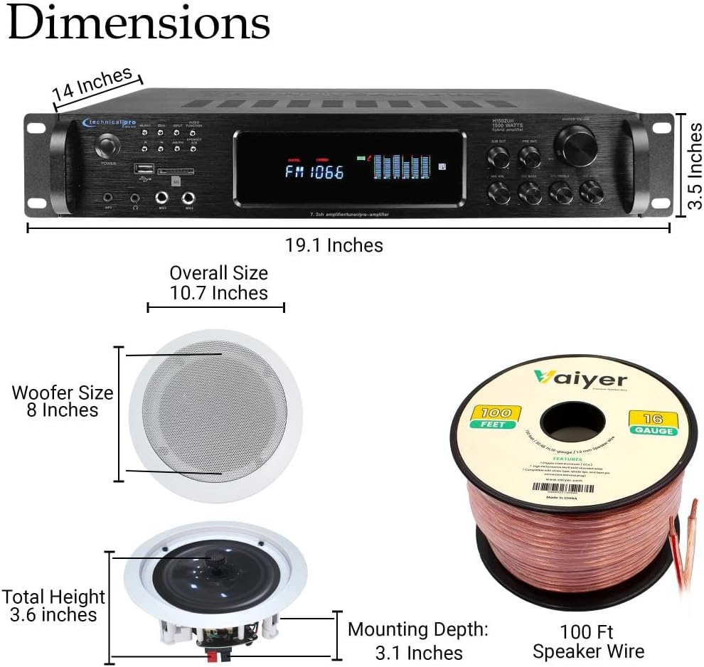 Home Theater Sound System Kit - 7.2 Channel 1500 Watts Bluetooth Amplifier w/ 6 QTY of 8" Framed Ceiling Speakers 300 W Each, 300 ft Speaker Wire & Remote for Home, Office, Restaurant by Technical Pro - Image 2
