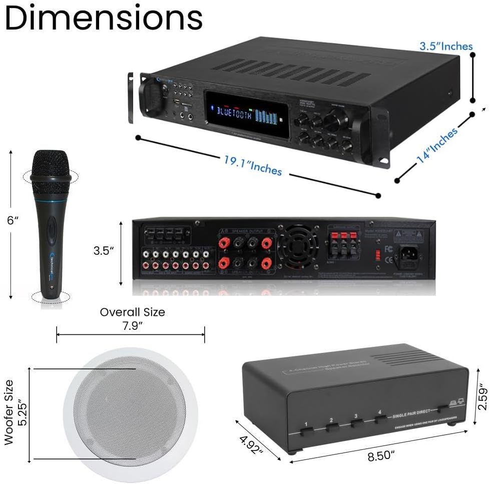 Vaiyer Home Theater System Kit - 7.2 Channel 3500 Watts Bluetooth Amplifier w/ 8 Qty of 5.25" Framed Ceiling Speakers 175W Each, 4-Ch Speaker Selector, Mic, 16 AWG 500 ft Speaker Wire & Remote - Image 2