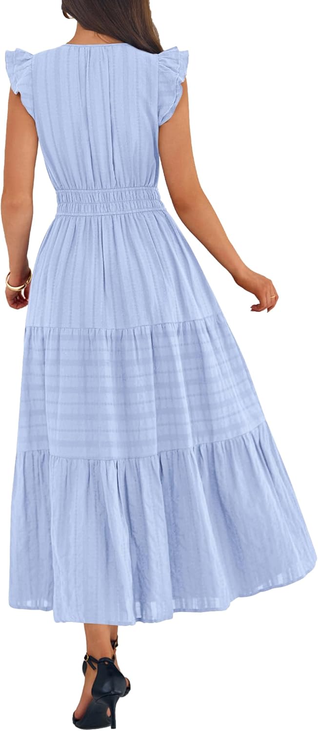 BTFBM Dresses for Women Spring 2026 Maxi Casual Dress Flutter Short Sleeve V Neck Elastic Waist Boho Beach Vacation Pockets - Image 3