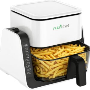 NutriChef 4 QT Air Fryer & Grill | 8-1 Preset Cook Modes | Transparent Fry Bowl for Best Cooking Results | Cook Shrimp, Steak, Fries, Wings & More | 4 QT Glass Air Fryer & 1.2 QT Grill | White