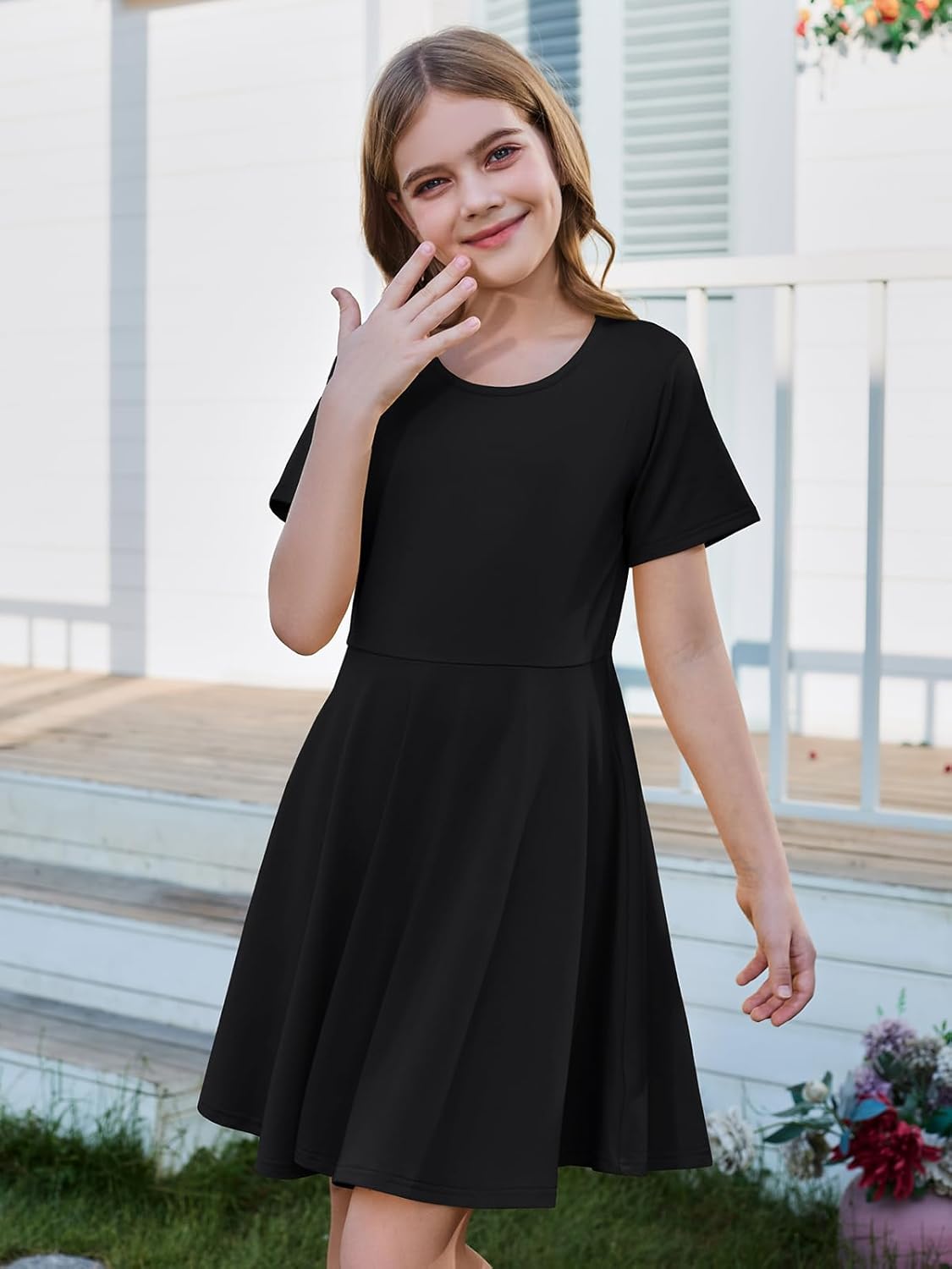 ZDC Girls Short Sleeve Casual Dresses Summer Kids A Line Flowy Skater Dress - Image 2